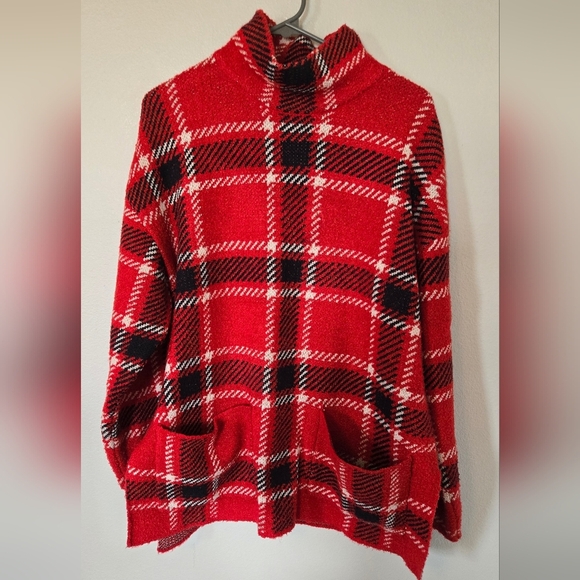 Zara Plaid Knit Sweater Red Black Mock Neck Size L - Picture 2 of 9